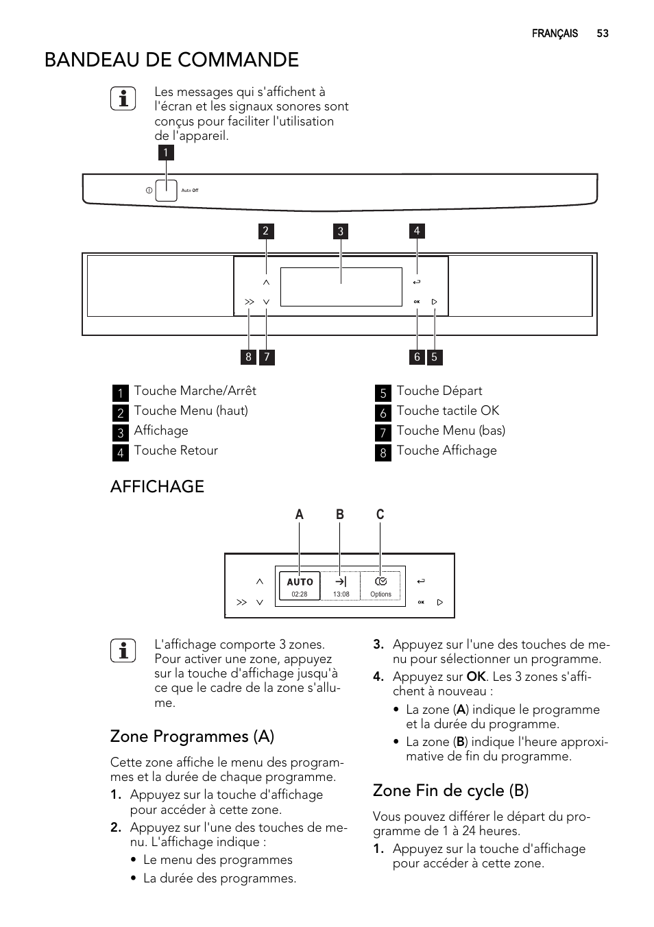 Bandeau de commande, Affichage, Zone programmes (a) | Zone fin de cycle (b) | AEG F65042W0P User Manual | Page 53 / 96