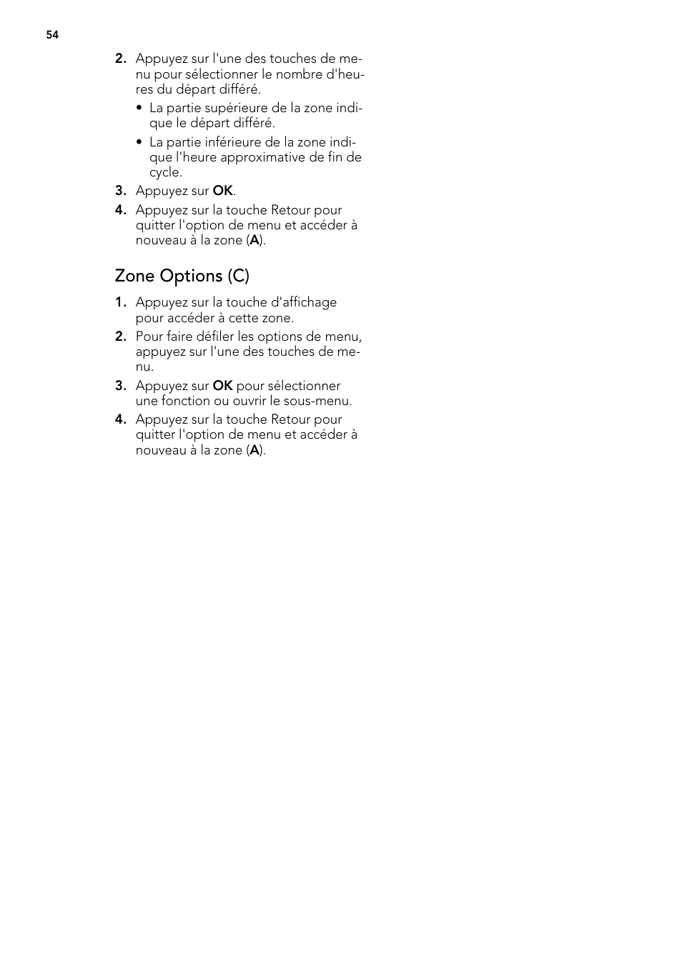 Zone options (c) | AEG F65042W0P User Manual | Page 54 / 96