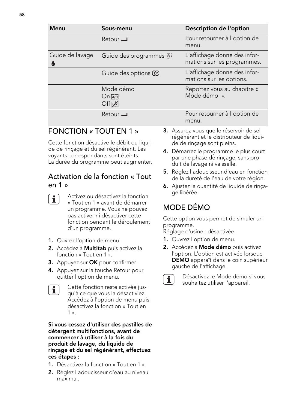 Fonction « tout en 1, Activation de la fonction « tout en 1, Mode démo | AEG F65042W0P User Manual | Page 58 / 96