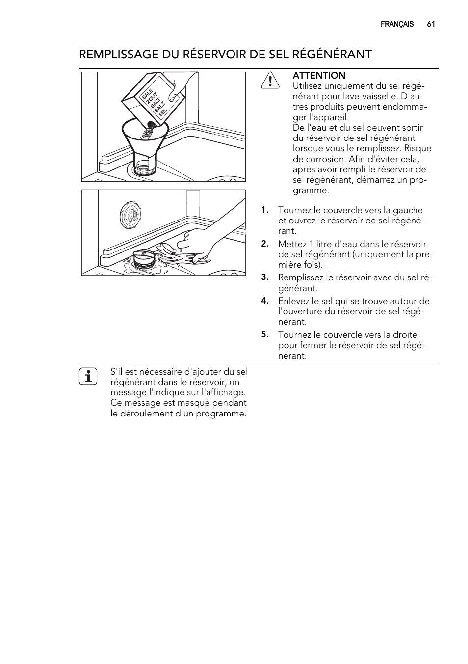 Remplissage du réservoir de sel régénérant | AEG F65042W0P User Manual | Page 61 / 96