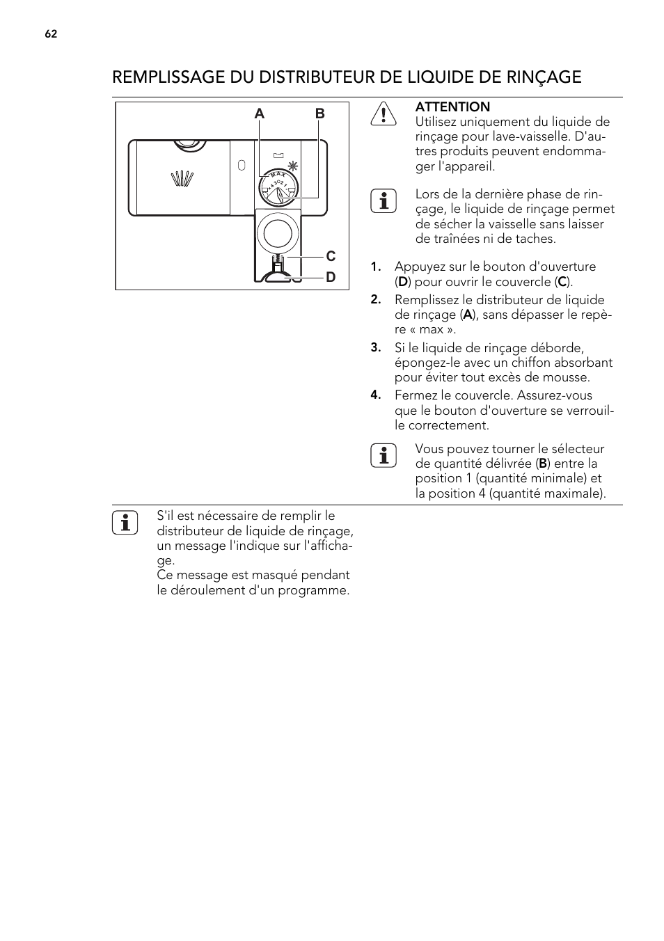 Remplissage du distributeur de liquide de rinçage, Ab d c | AEG F65042W0P User Manual | Page 62 / 96