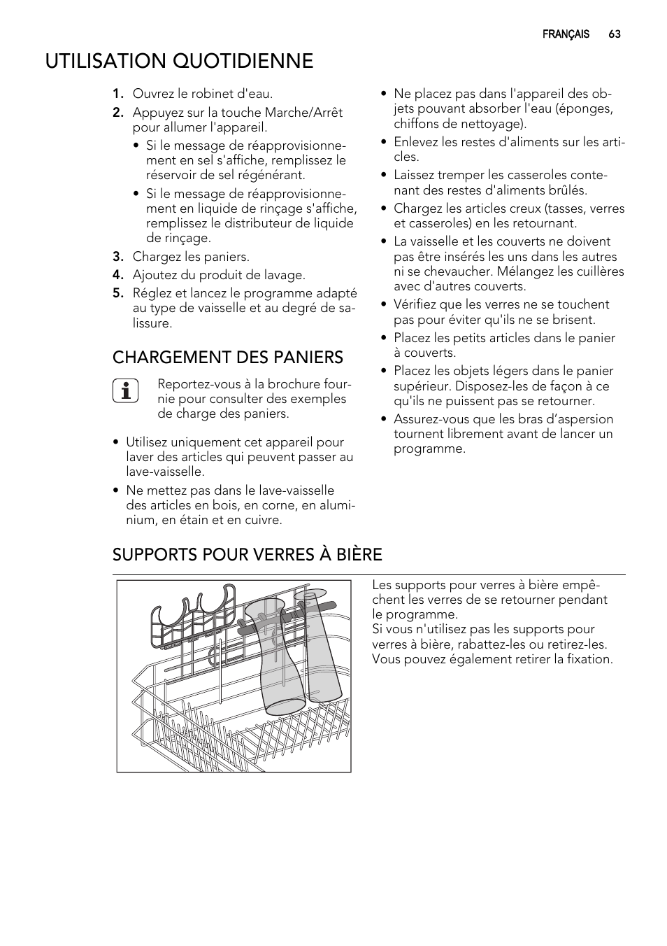 Utilisation quotidienne, Chargement des paniers, Supports pour verres à bière | AEG F65042W0P User Manual | Page 63 / 96