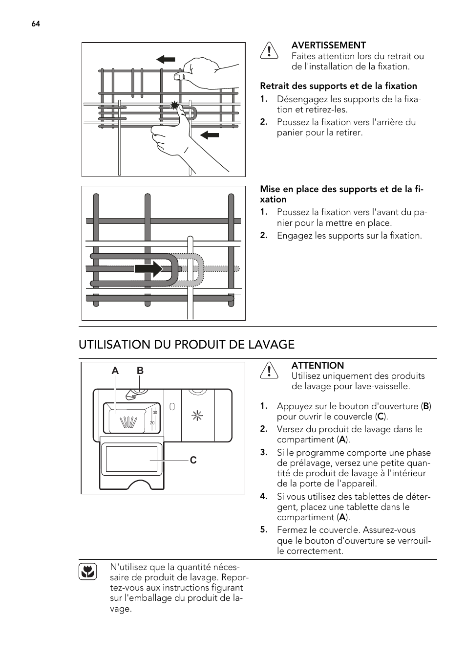 Utilisation du produit de lavage, Ab c | AEG F65042W0P User Manual | Page 64 / 96