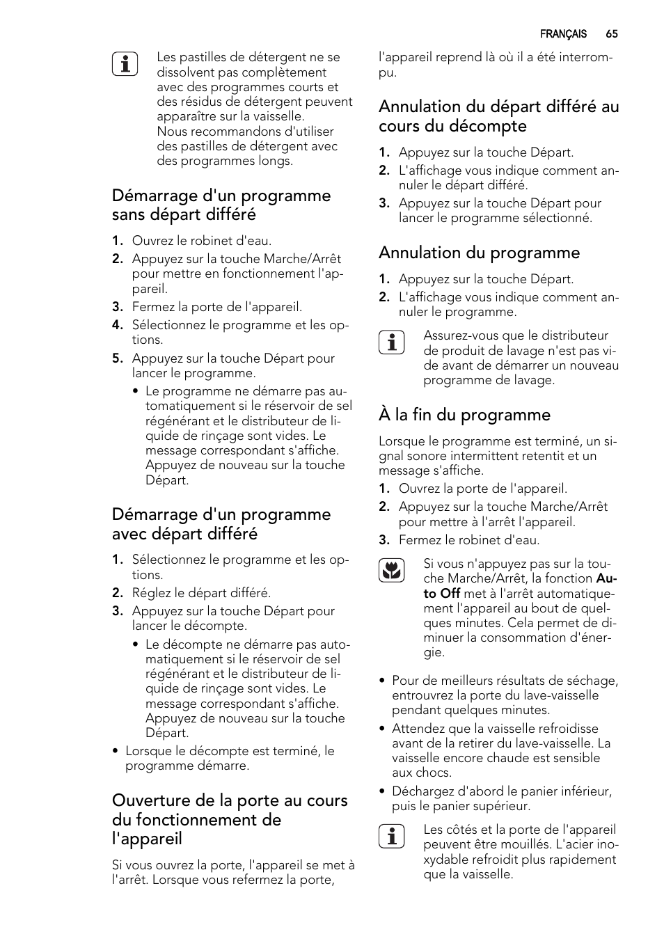 Démarrage d'un programme sans départ différé, Démarrage d'un programme avec départ différé, Annulation du départ différé au cours du décompte | Annulation du programme, À la fin du programme | AEG F65042W0P User Manual | Page 65 / 96