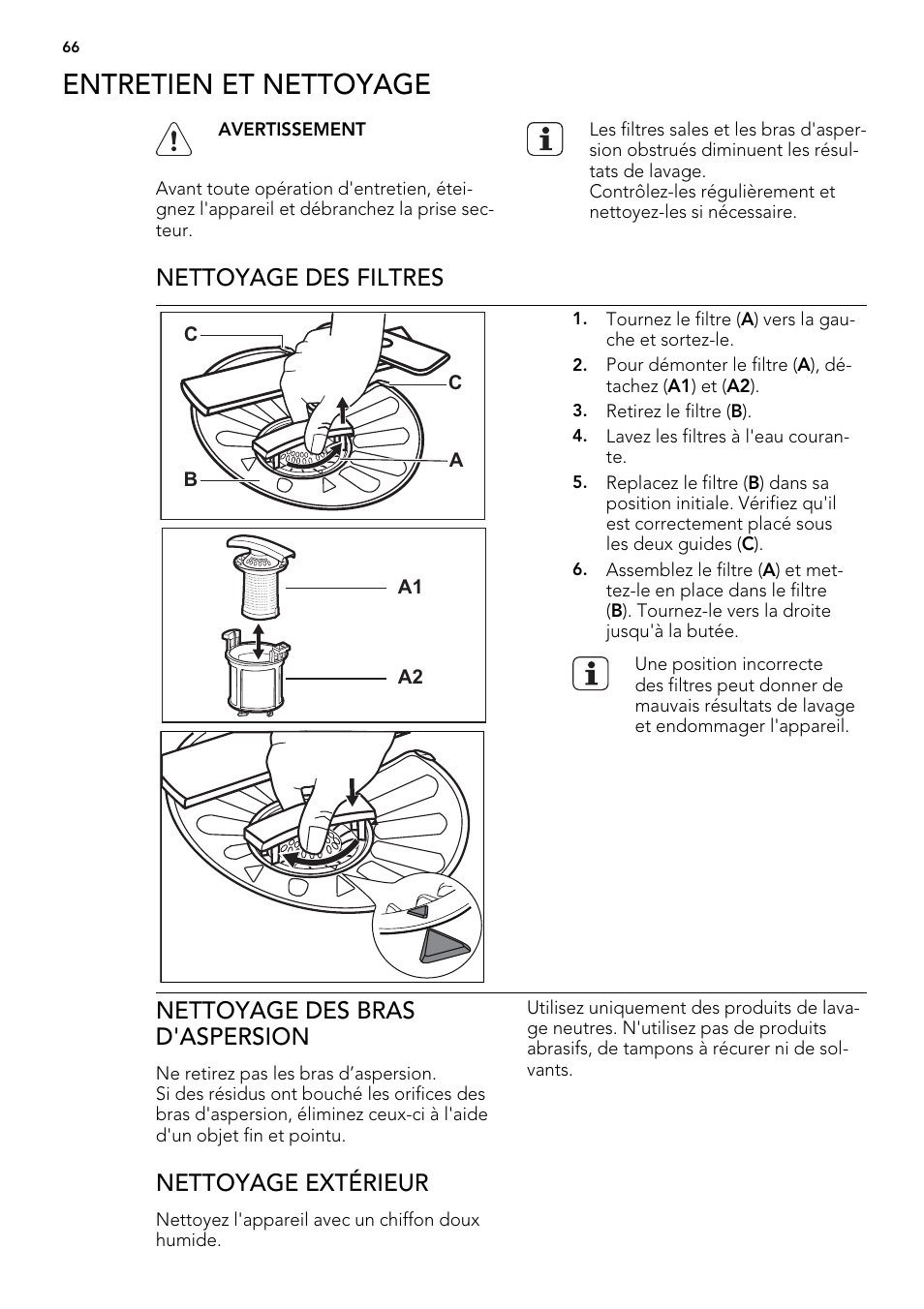 Entretien et nettoyage, Nettoyage des filtres, Nettoyage des bras d'aspersion | Nettoyage extérieur | AEG F65042W0P User Manual | Page 66 / 96