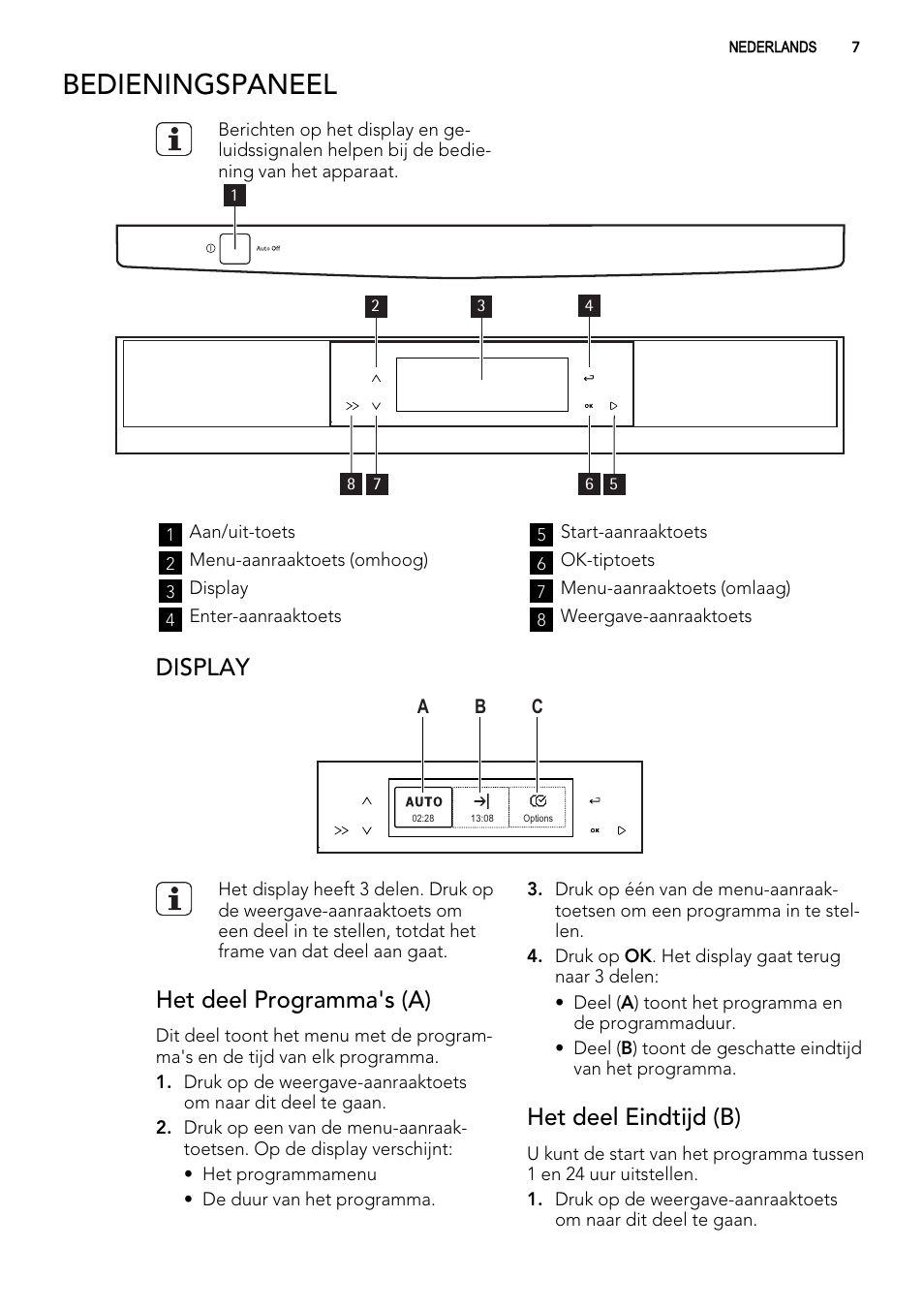 Bedieningspaneel, Display, Het deel programma's (a) | Het deel eindtijd (b) | AEG F65042W0P User Manual | Page 7 / 96