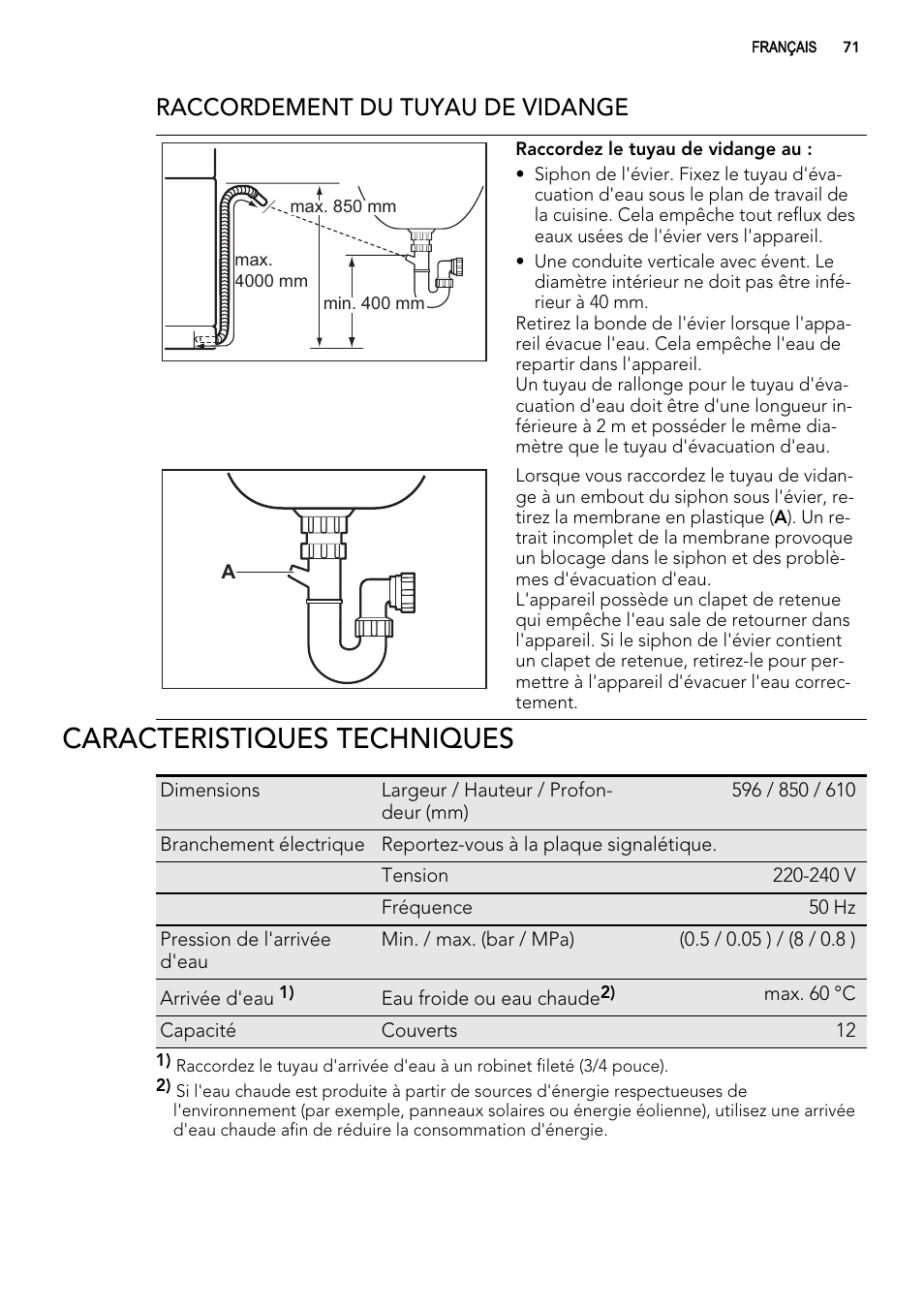 Caracteristiques techniques, Raccordement du tuyau de vidange | AEG F65042W0P User Manual | Page 71 / 96