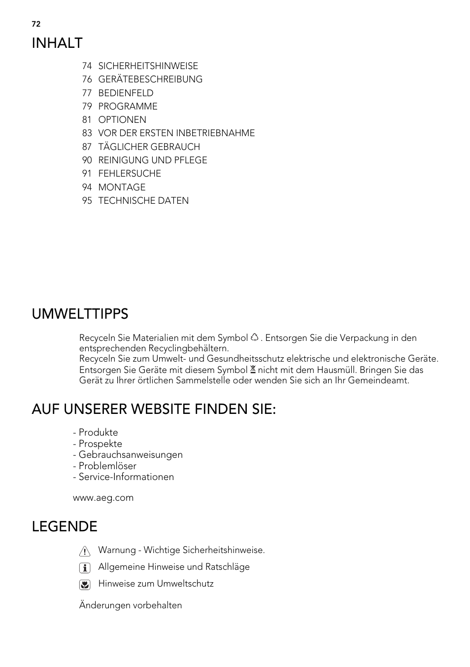 Inhalt, Umwelttipps, Auf unserer website finden sie | Legende | AEG F65042W0P User Manual | Page 72 / 96