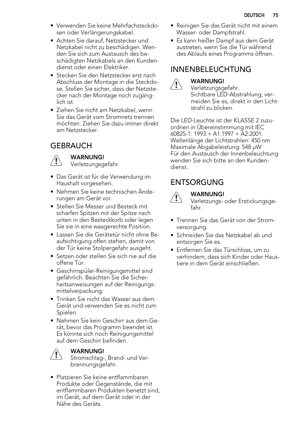 Gebrauch, Innenbeleuchtung, Entsorgung | AEG F65042W0P User Manual | Page 75 / 96