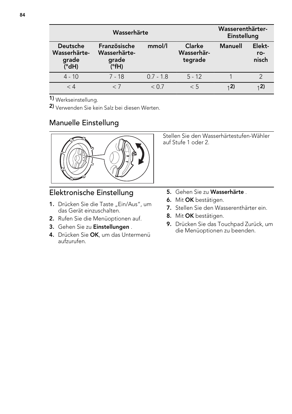 Manuelle einstellung, Elektronische einstellung | AEG F65042W0P User Manual | Page 84 / 96
