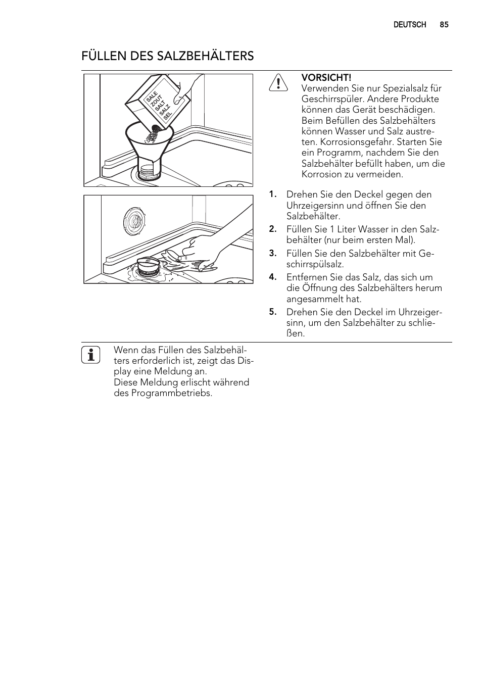 Füllen des salzbehälters | AEG F65042W0P User Manual | Page 85 / 96
