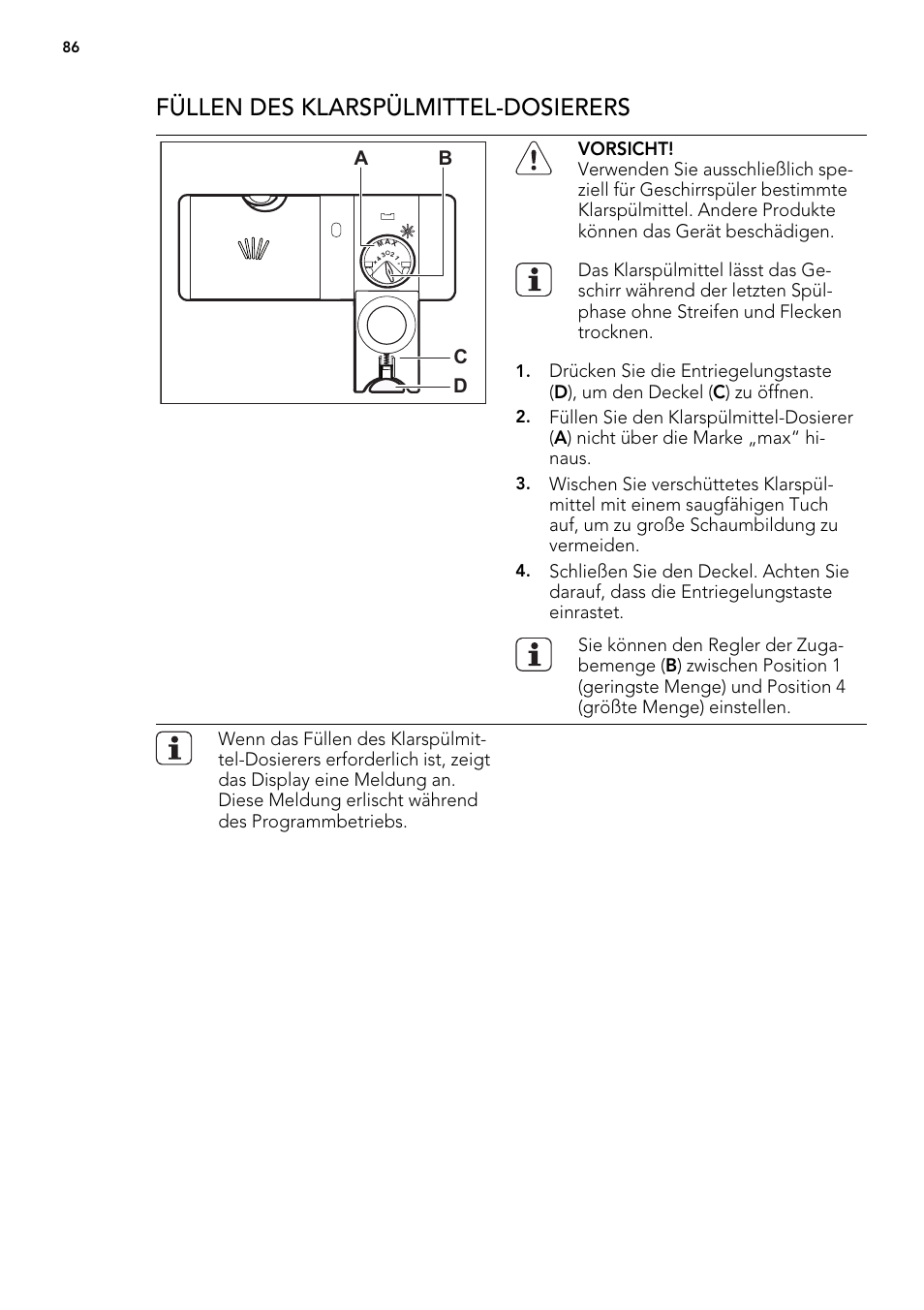 Füllen des klarspülmittel-dosierers, Ab d c | AEG F65042W0P User Manual | Page 86 / 96