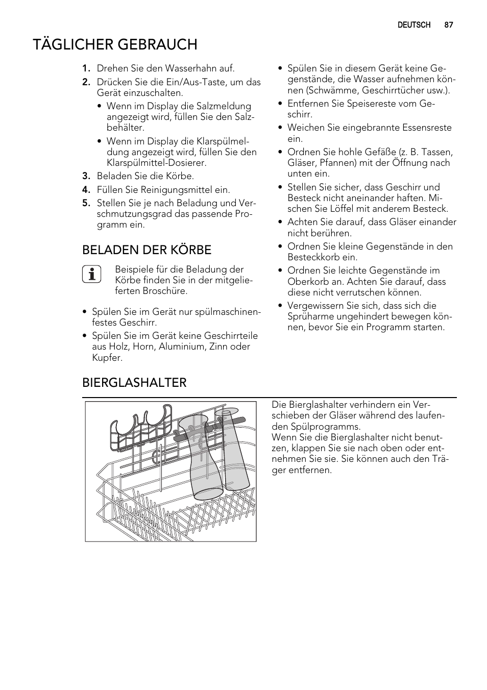 Täglicher gebrauch, Beladen der körbe, Bierglashalter | AEG F65042W0P User Manual | Page 87 / 96