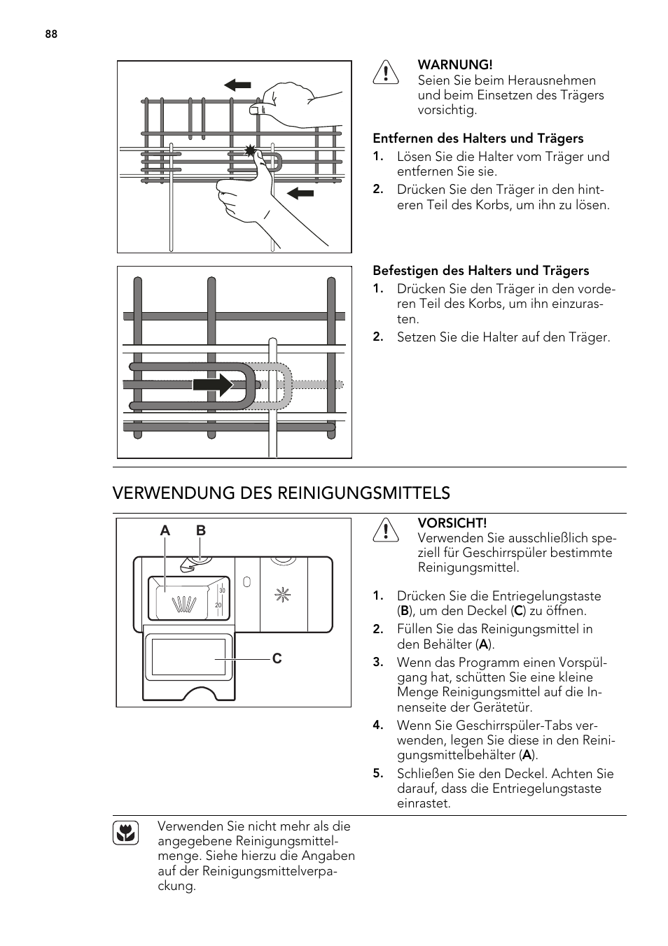 Verwendung des reinigungsmittels, Ab c | AEG F65042W0P User Manual | Page 88 / 96