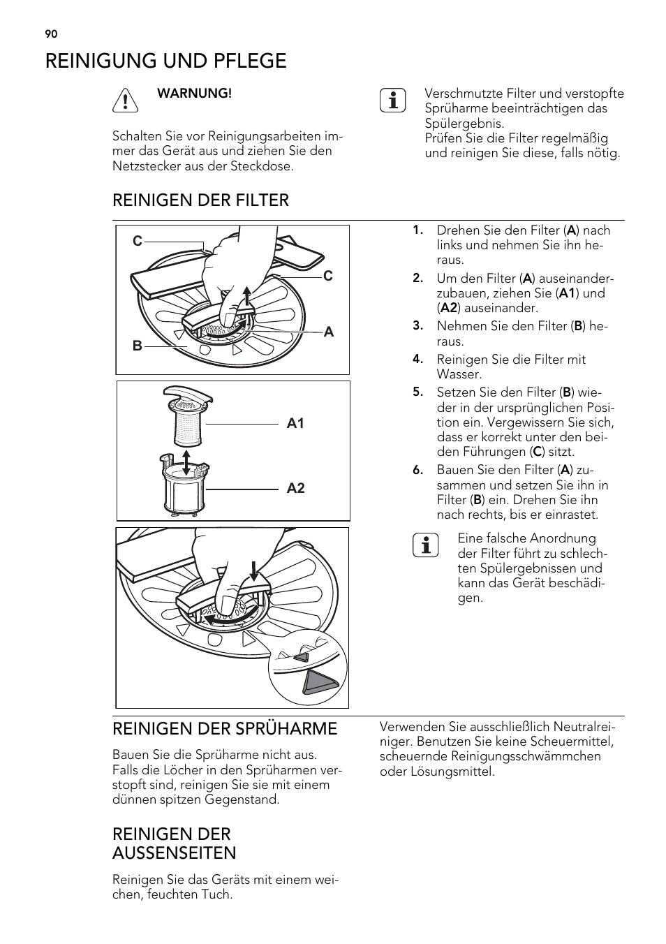 Reinigung und pflege, Reinigen der filter, Reinigen der sprüharme | Reinigen der aussenseiten | AEG F65042W0P User Manual | Page 90 / 96