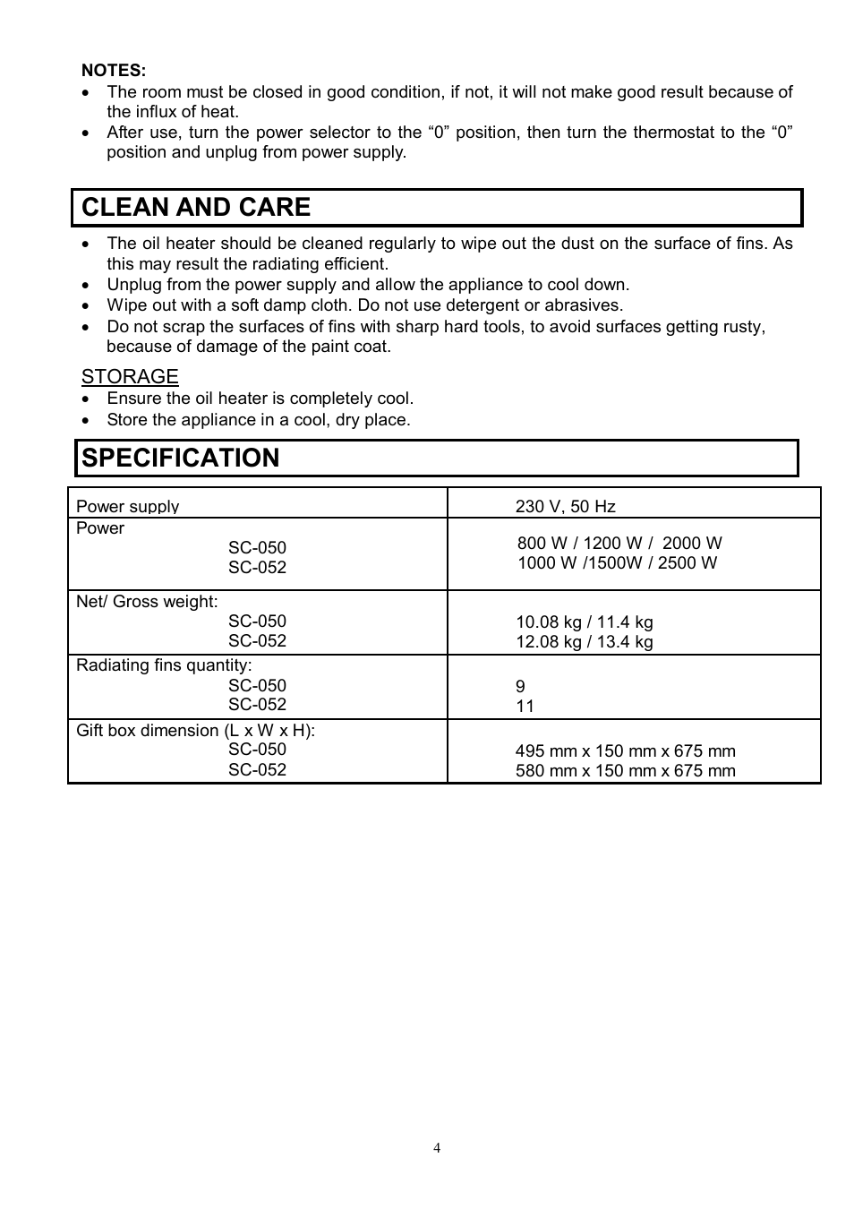 Clean and care, Specification | Scarlett SC-052 User Manual | Page 4 / 8