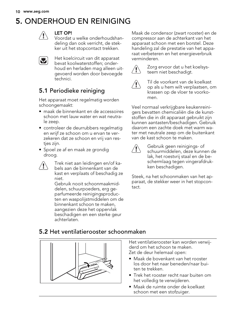 Onderhoud en reiniging, 1 periodieke reiniging, 2 het ventilatierooster schoonmaken | AEG S73200DTW0 User Manual | Page 10 / 76