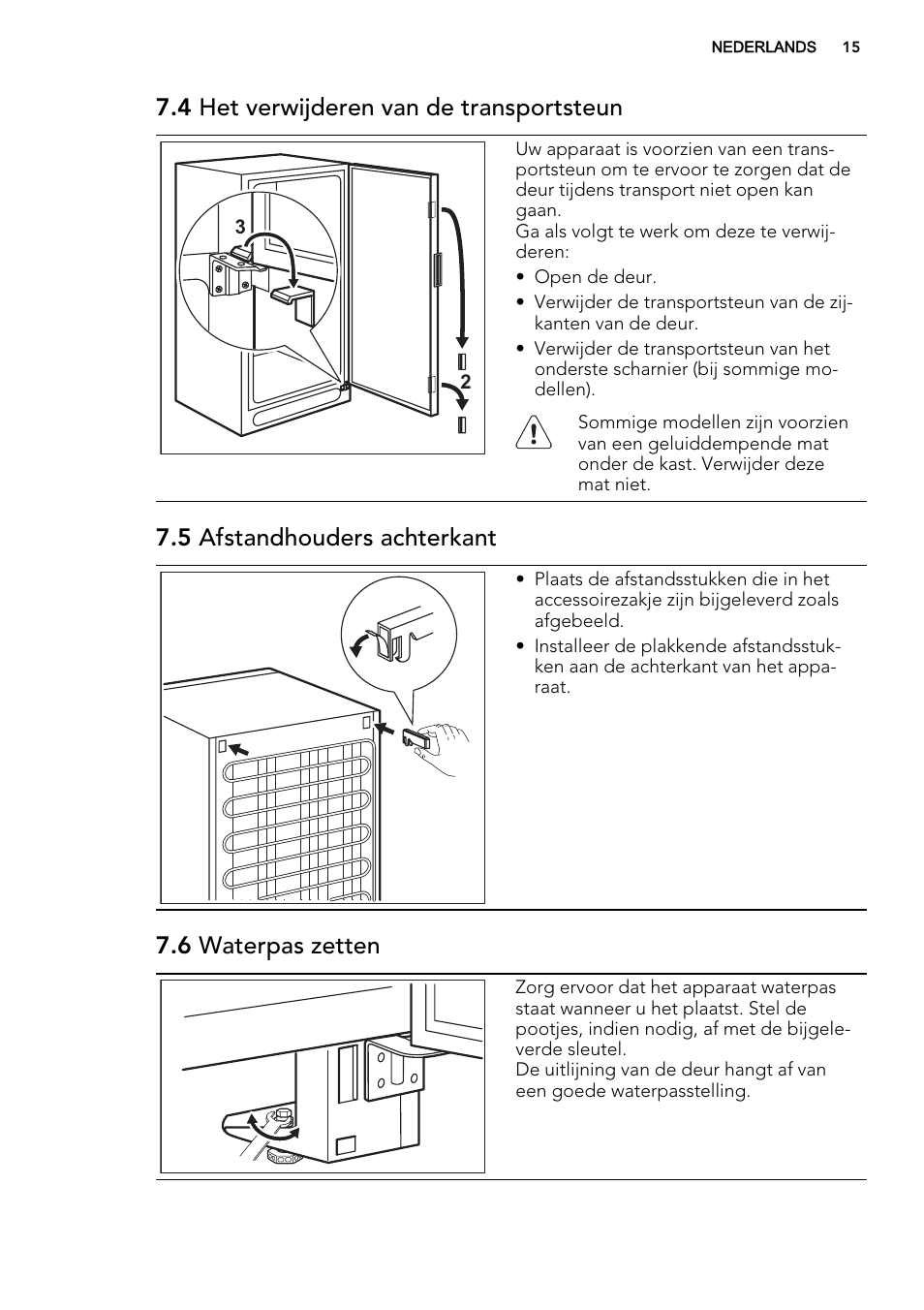 4 het verwijderen van de transportsteun, 5 afstandhouders achterkant, 6 waterpas zetten | AEG S73200DTW0 User Manual | Page 15 / 76