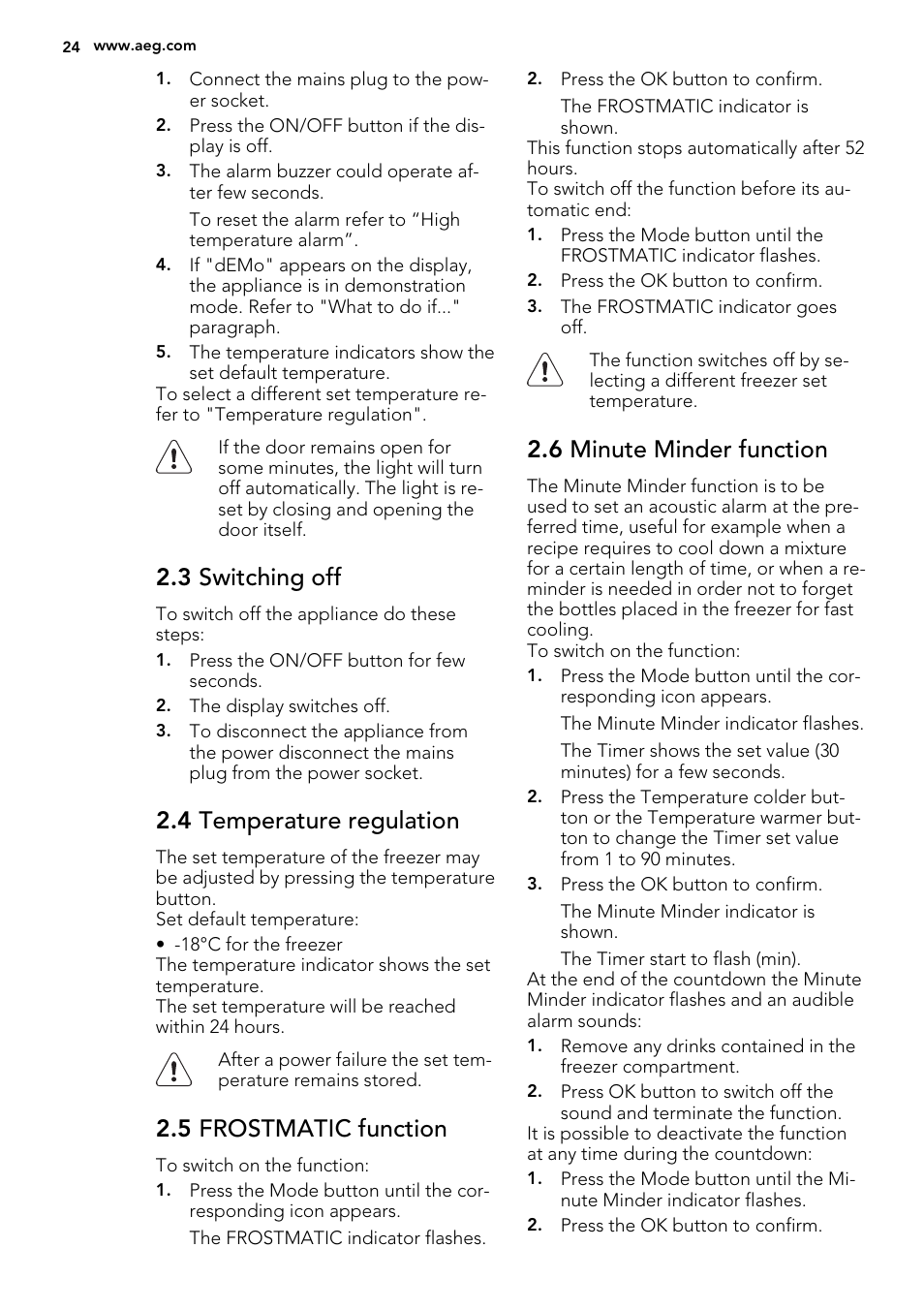 3 switching off, 4 temperature regulation, 5 frostmatic function | 6 minute minder function | AEG S73200DTW0 User Manual | Page 24 / 76