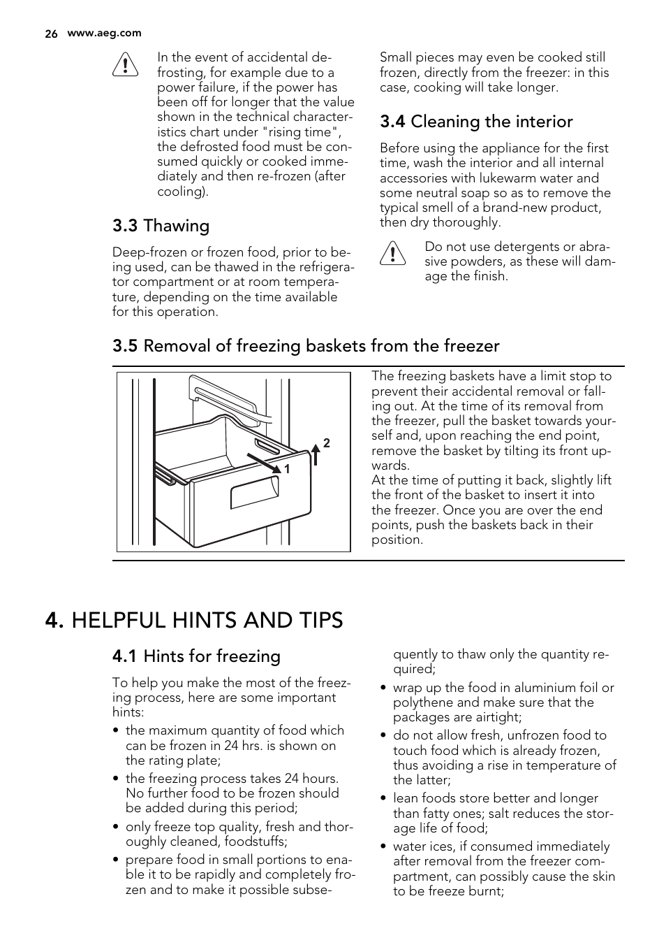 Helpful hints and tips, 3 thawing, 4 cleaning the interior | 5 removal of freezing baskets from the freezer, 1 hints for freezing | AEG S73200DTW0 User Manual | Page 26 / 76