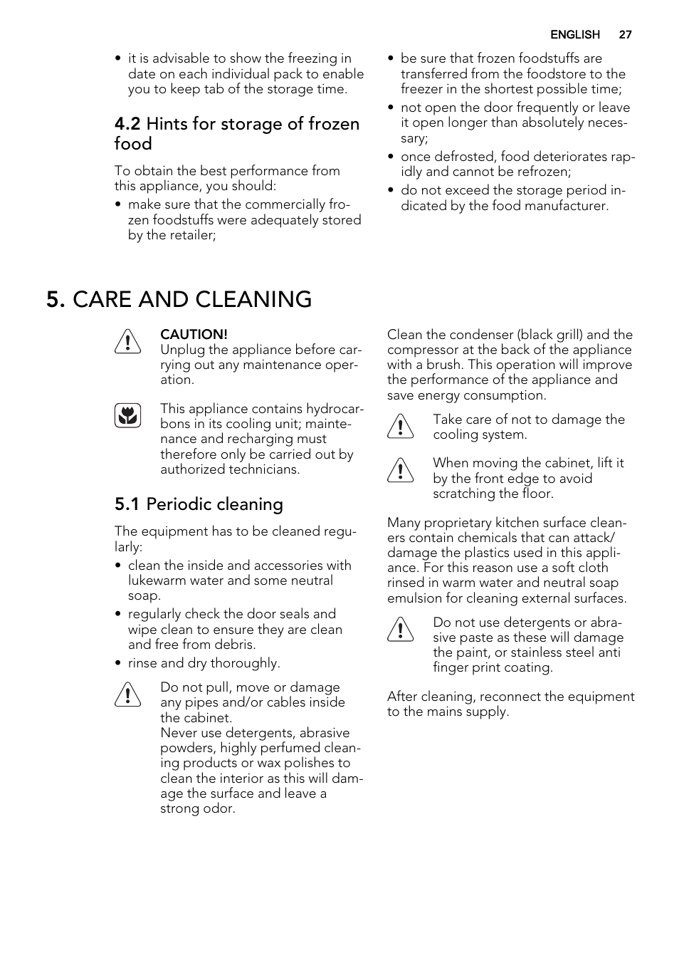 Care and cleaning, 2 hints for storage of frozen food, 1 periodic cleaning | AEG S73200DTW0 User Manual | Page 27 / 76