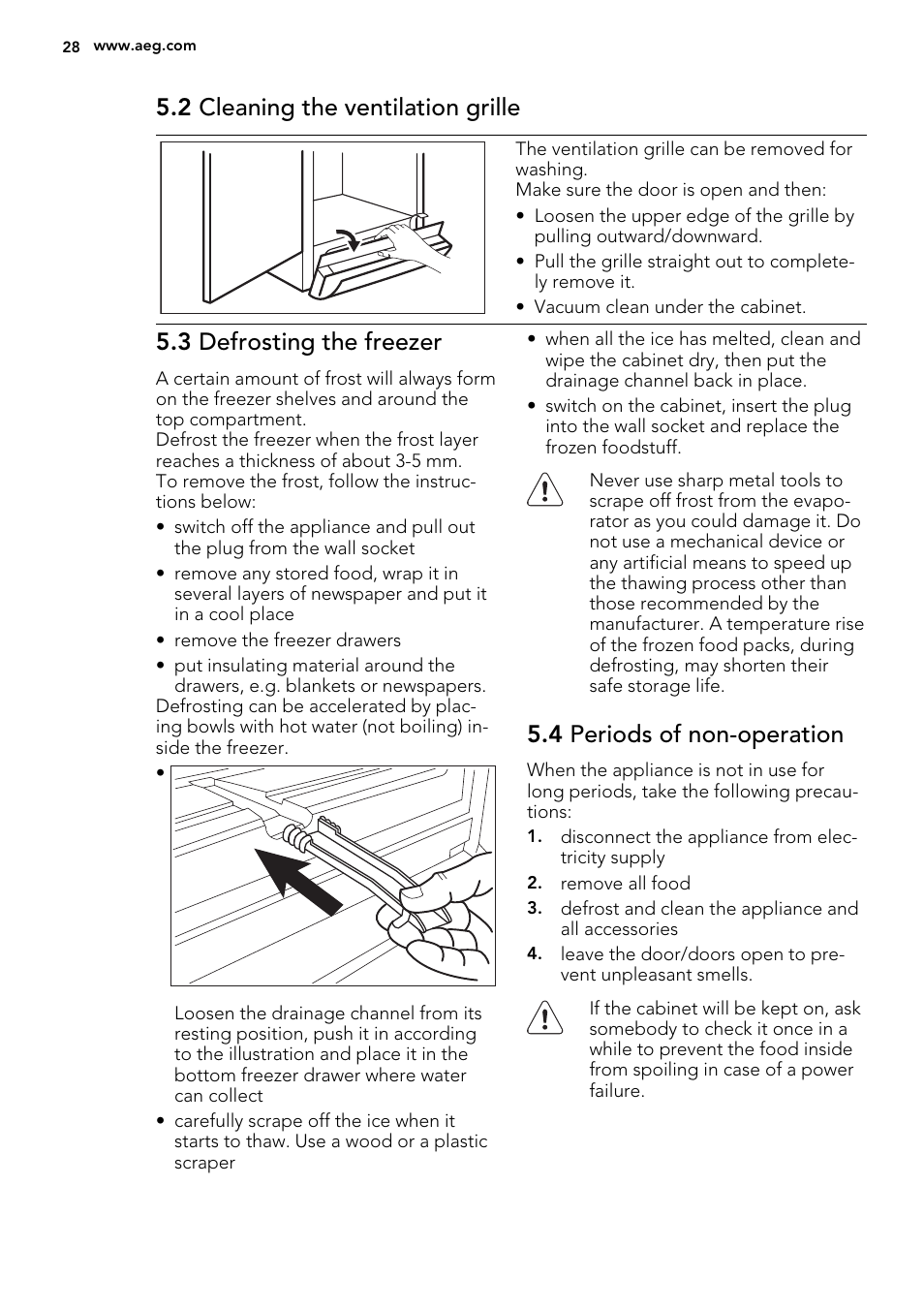 2 cleaning the ventilation grille, 3 defrosting the freezer, 4 periods of non-operation | AEG S73200DTW0 User Manual | Page 28 / 76