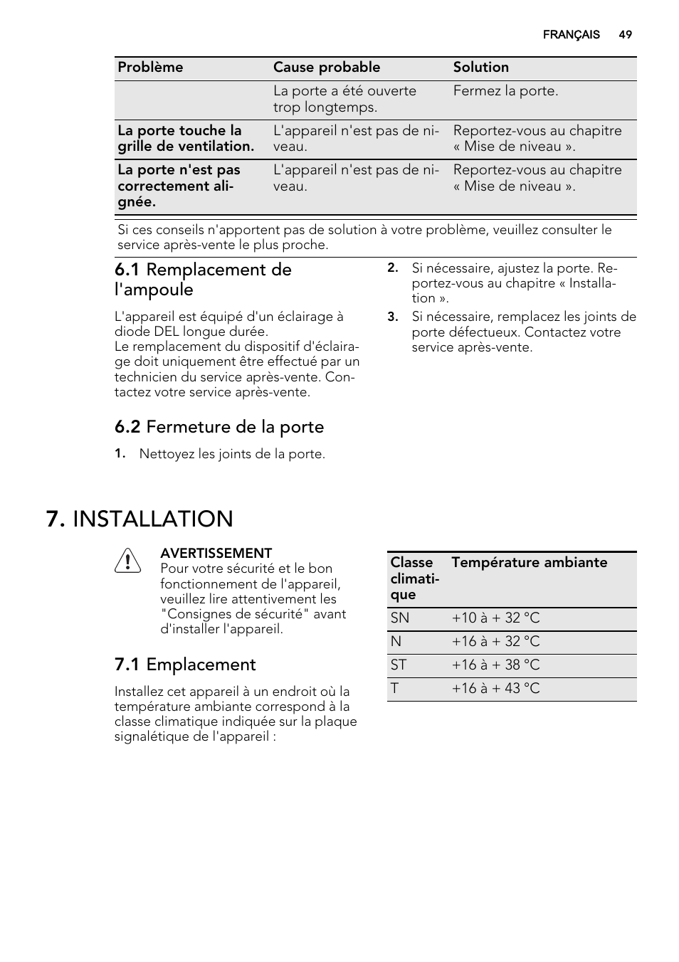 Installation, 1 remplacement de l'ampoule, 2 fermeture de la porte | 1 emplacement | AEG S73200DTW0 User Manual | Page 49 / 76