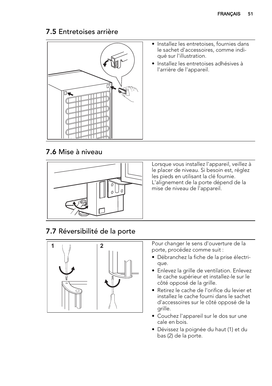 5 entretoises arrière, 6 mise à niveau, 7 réversibilité de la porte | AEG S73200DTW0 User Manual | Page 51 / 76