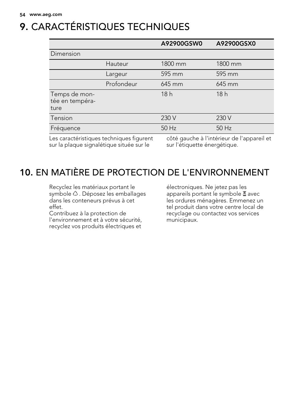 Caractéristiques techniques, En matière de protection de l'environnement | AEG S73200DTW0 User Manual | Page 54 / 76