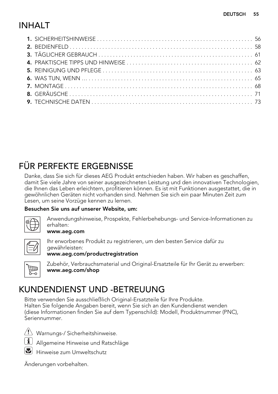 Inhalt, Für perfekte ergebnisse, Kundendienst und -betreuung | AEG S73200DTW0 User Manual | Page 55 / 76