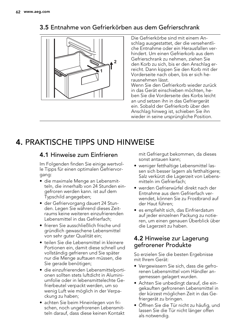 Praktische tipps und hinweise, 1 hinweise zum einfrieren, 2 hinweise zur lagerung gefrorener produkte | AEG S73200DTW0 User Manual | Page 62 / 76