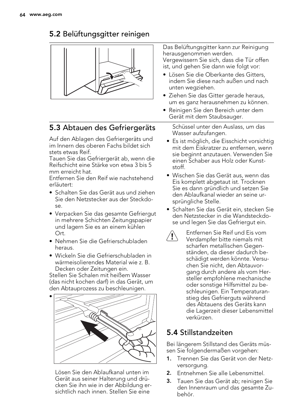 2 belüftungsgitter reinigen, 3 abtauen des gefriergeräts, 4 stillstandzeiten | AEG S73200DTW0 User Manual | Page 64 / 76