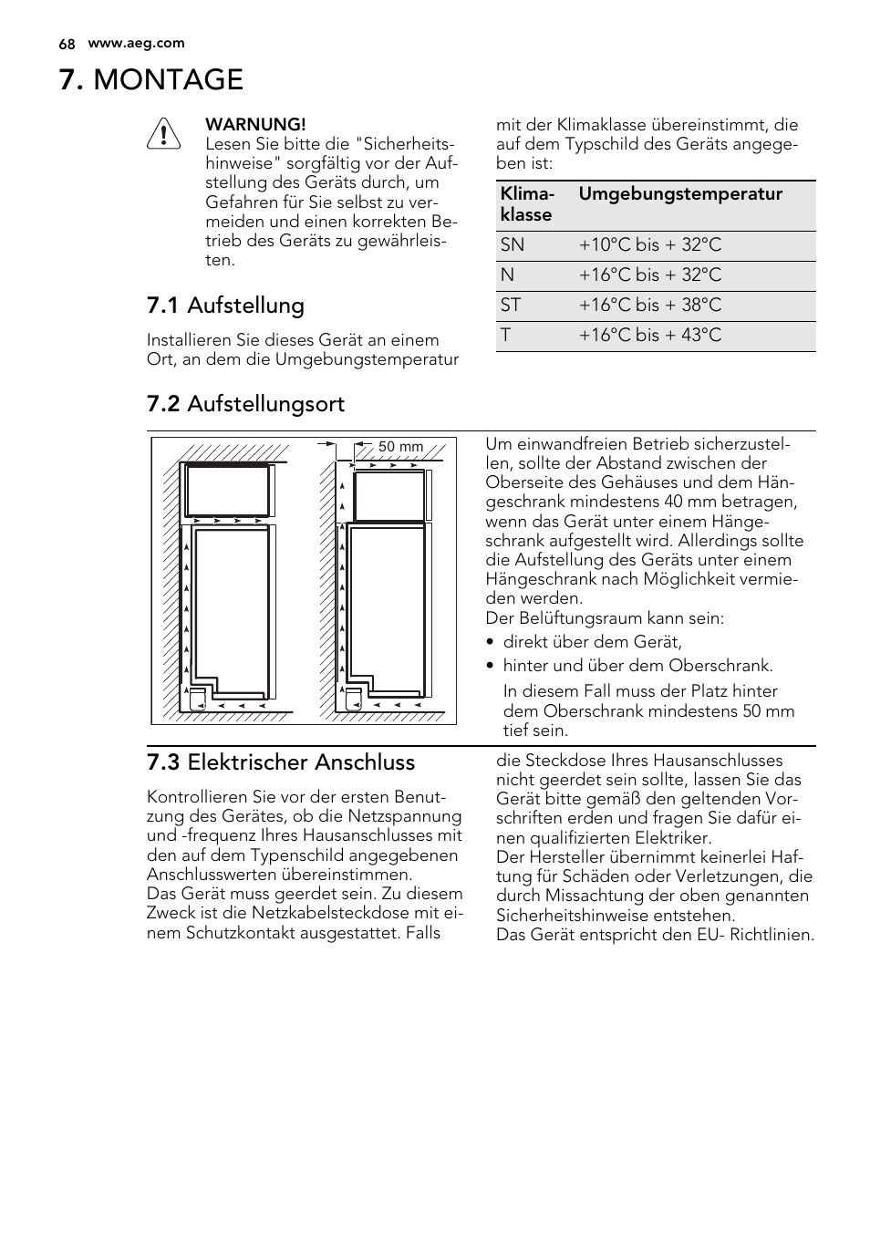 Montage, 1 aufstellung, 2 aufstellungsort | 3 elektrischer anschluss | AEG S73200DTW0 User Manual | Page 68 / 76