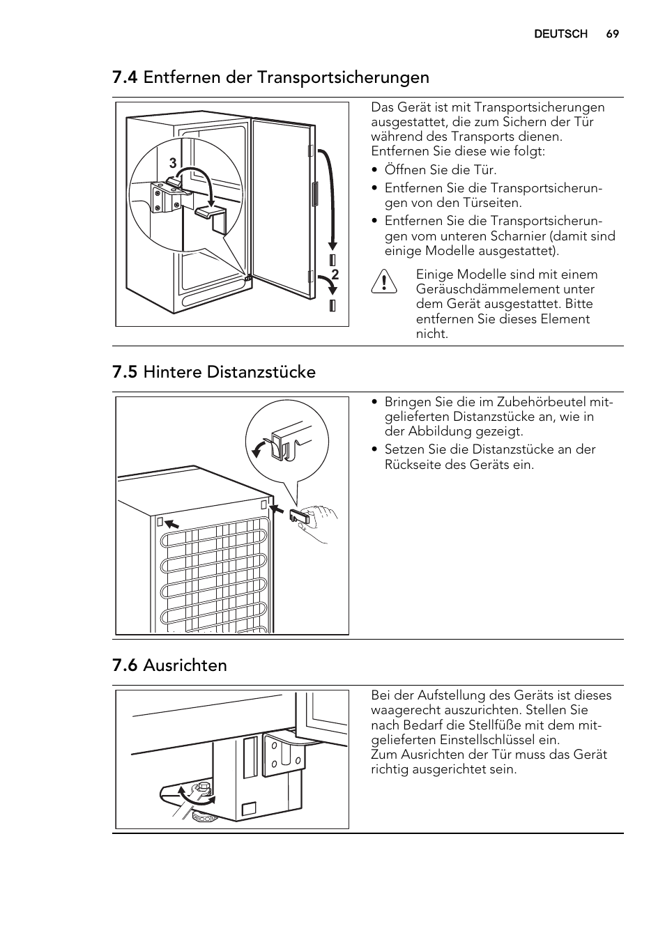 4 entfernen der transportsicherungen, 5 hintere distanzstücke, 6 ausrichten | AEG S73200DTW0 User Manual | Page 69 / 76