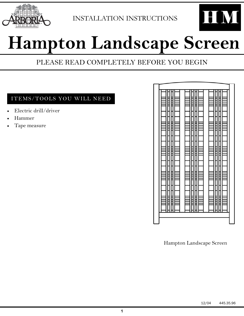 Arboria Hampton Landscape Screen none User Manual | 2 pages