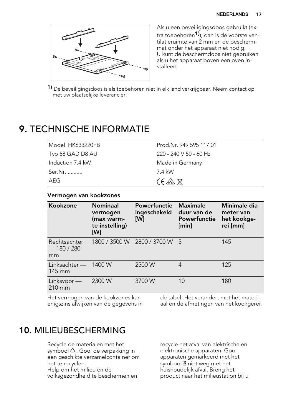 Technische informatie, Milieubescherming | AEG HK673532FB User Manual | Page 17 / 68