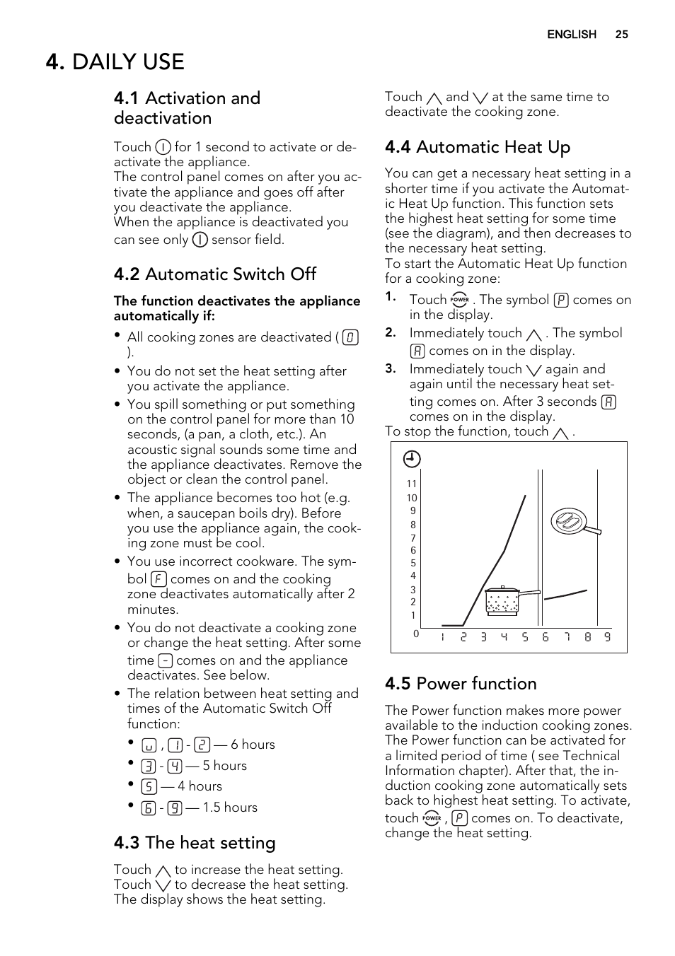 Daily use, 1 activation and deactivation, 2 automatic switch off | 3 the heat setting, 4 automatic heat up, 5 power function | AEG HK673532FB User Manual | Page 25 / 68
