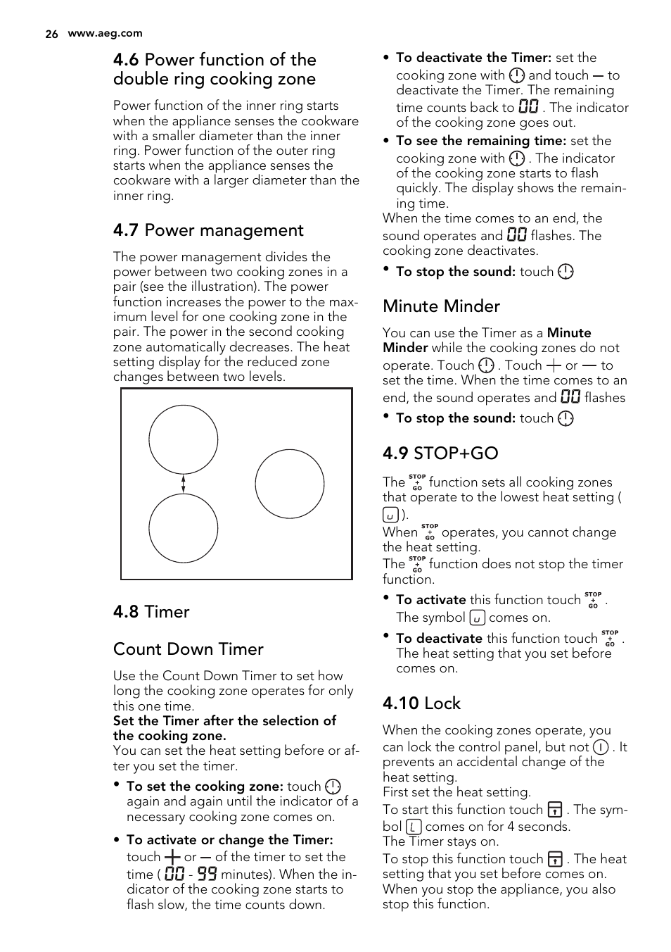 6 power function of the double ring cooking zone, 7 power management, 8 timer count down timer | Minute minder, 9 stop+go, 10 lock | AEG HK673532FB User Manual | Page 26 / 68