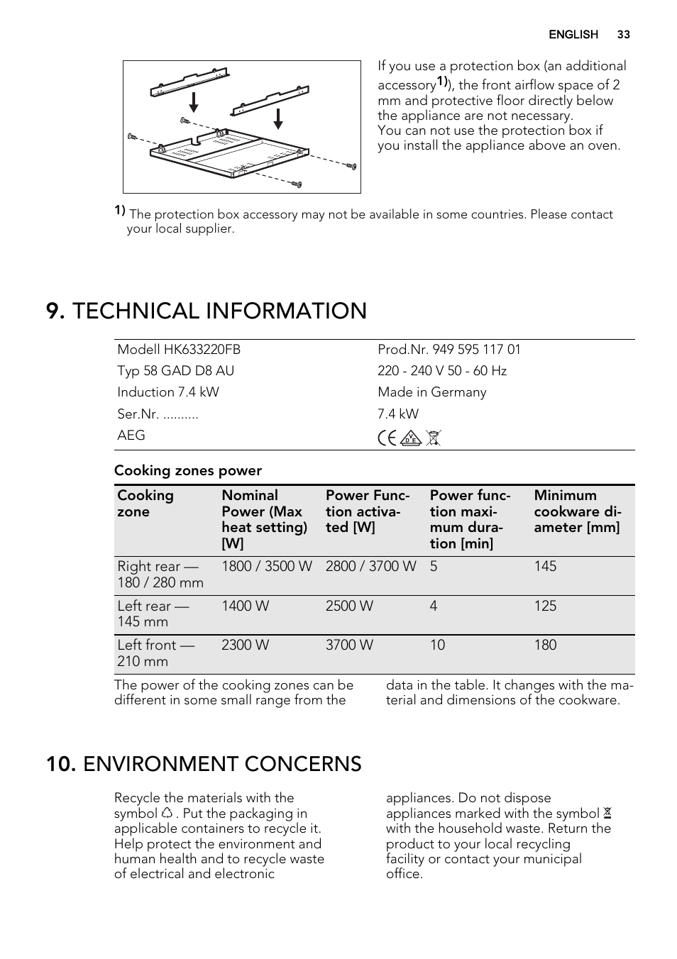 Technical information, Environment concerns | AEG HK673532FB User Manual | Page 33 / 68