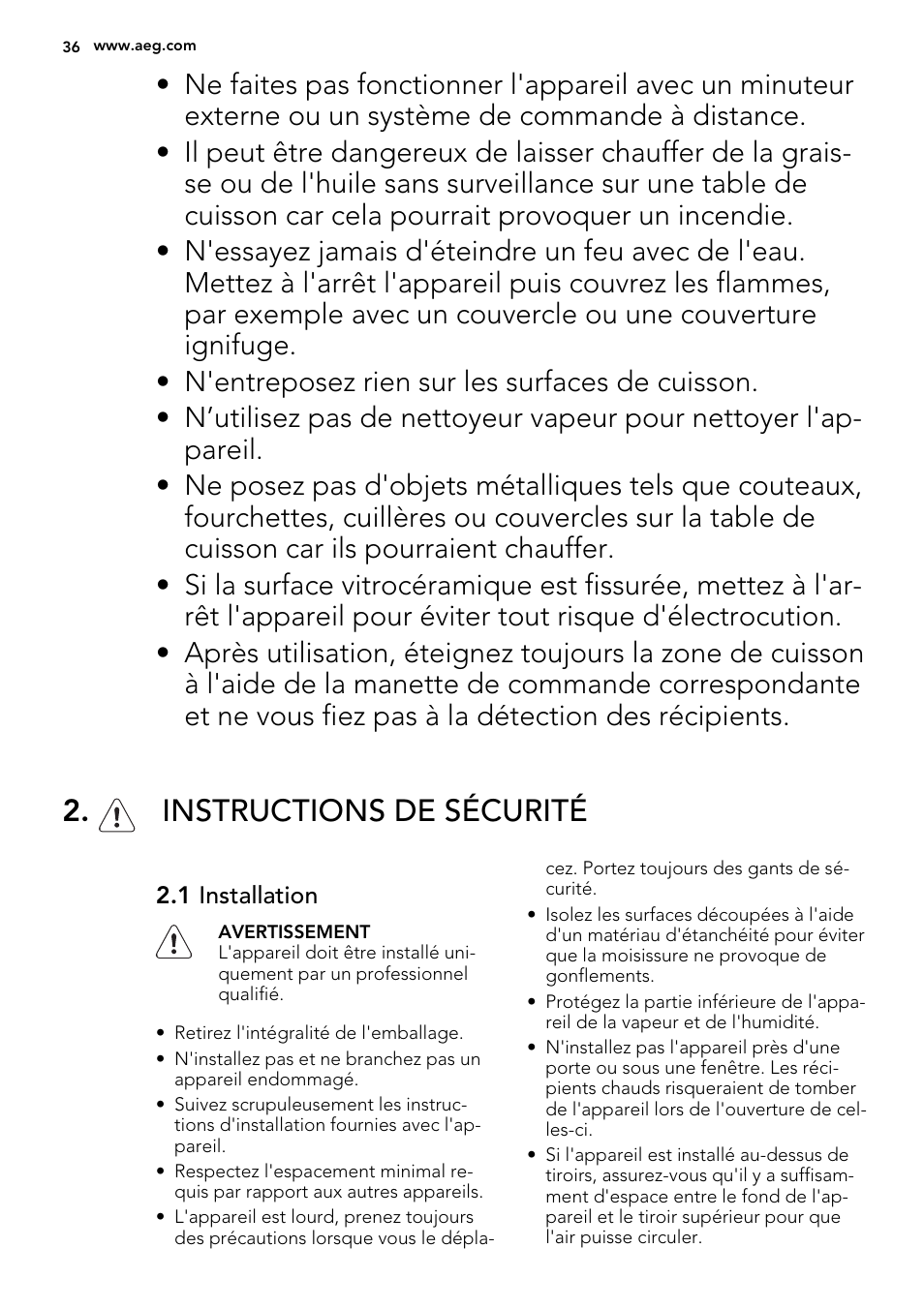 Instructions de sécurité | AEG HK673532FB User Manual | Page 36 / 68