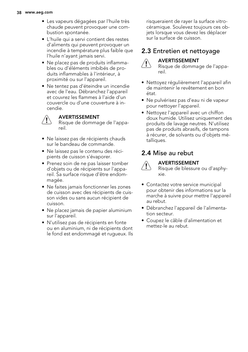 3 entretien et nettoyage, 4 mise au rebut | AEG HK673532FB User Manual | Page 38 / 68
