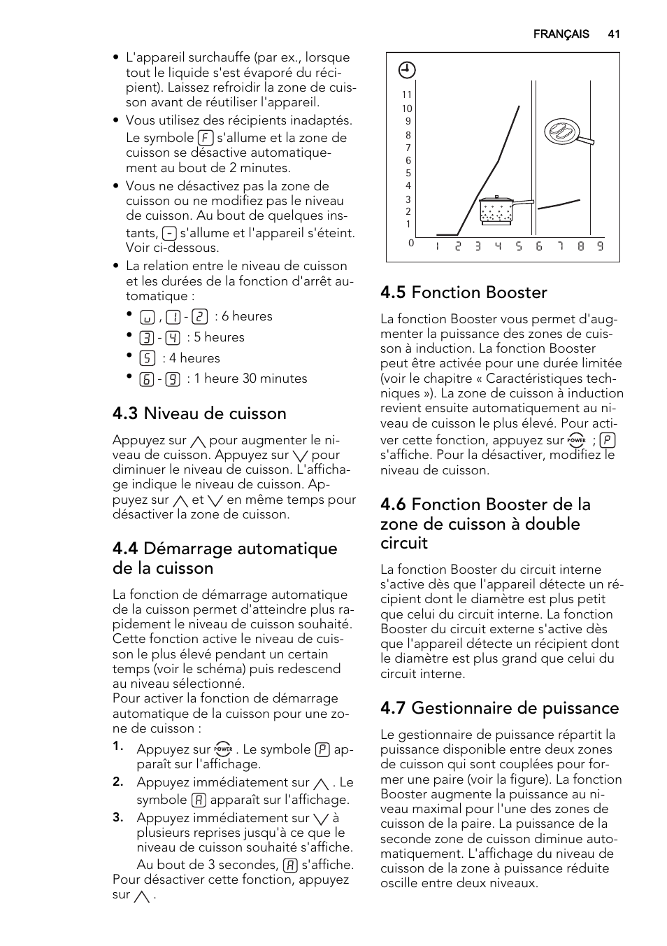 3 niveau de cuisson, 4 démarrage automatique de la cuisson, 5 fonction booster | 7 gestionnaire de puissance | AEG HK673532FB User Manual | Page 41 / 68