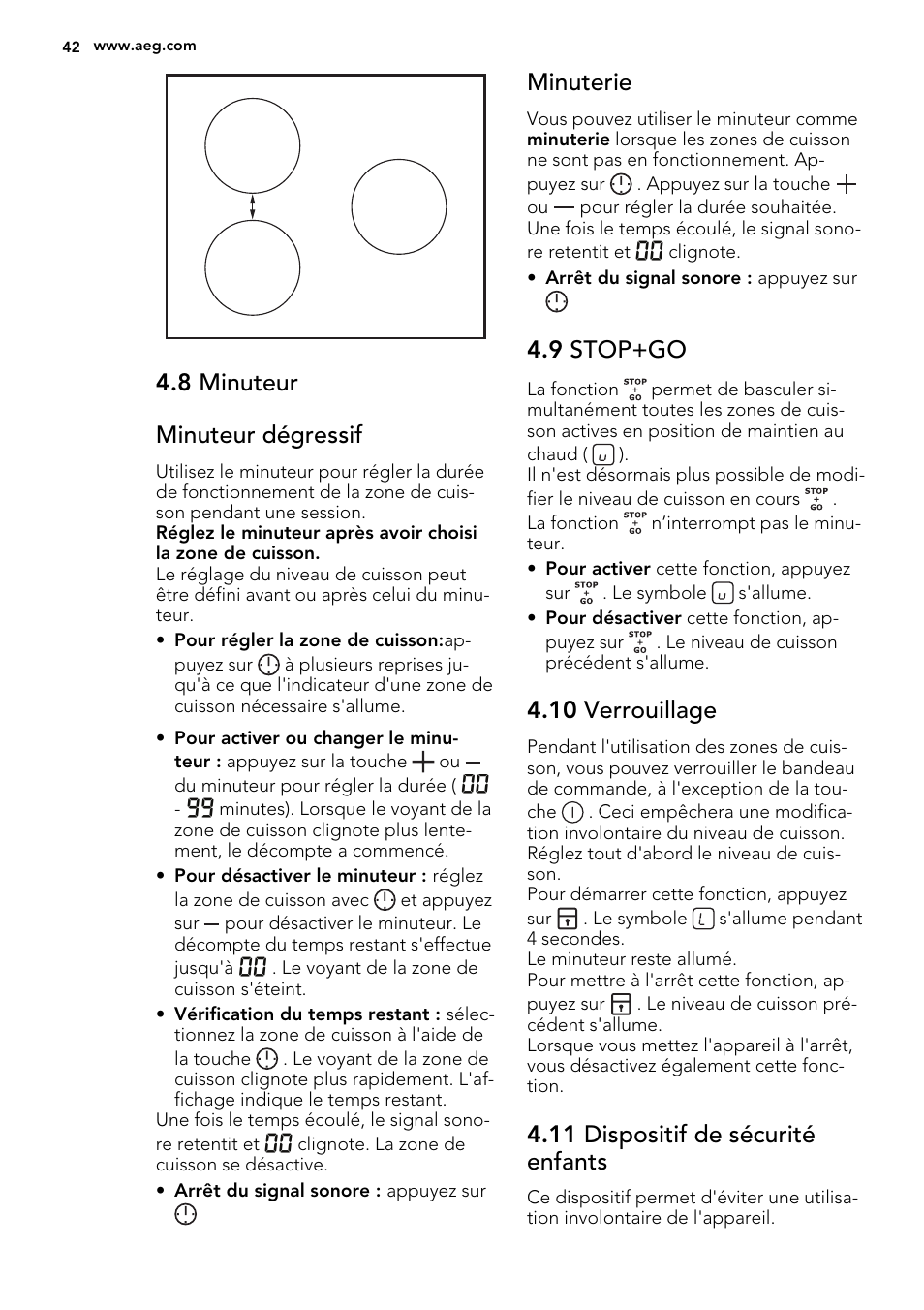8 minuteur minuteur dégressif, Minuterie, 9 stop+go | 10 verrouillage, 11 dispositif de sécurité enfants | AEG HK673532FB User Manual | Page 42 / 68