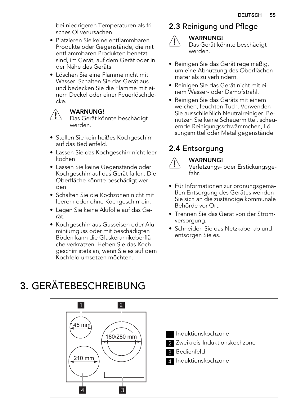 Gerätebeschreibung, 3 reinigung und pflege, 4 entsorgung | AEG HK673532FB User Manual | Page 55 / 68