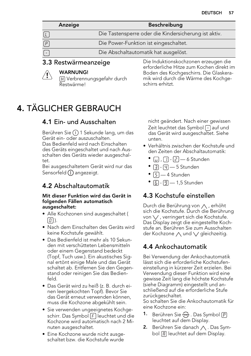 Täglicher gebrauch, 3 restwärmeanzeige, 1 ein- und ausschalten | 2 abschaltautomatik, 3 kochstufe einstellen, 4 ankochautomatik | AEG HK673532FB User Manual | Page 57 / 68