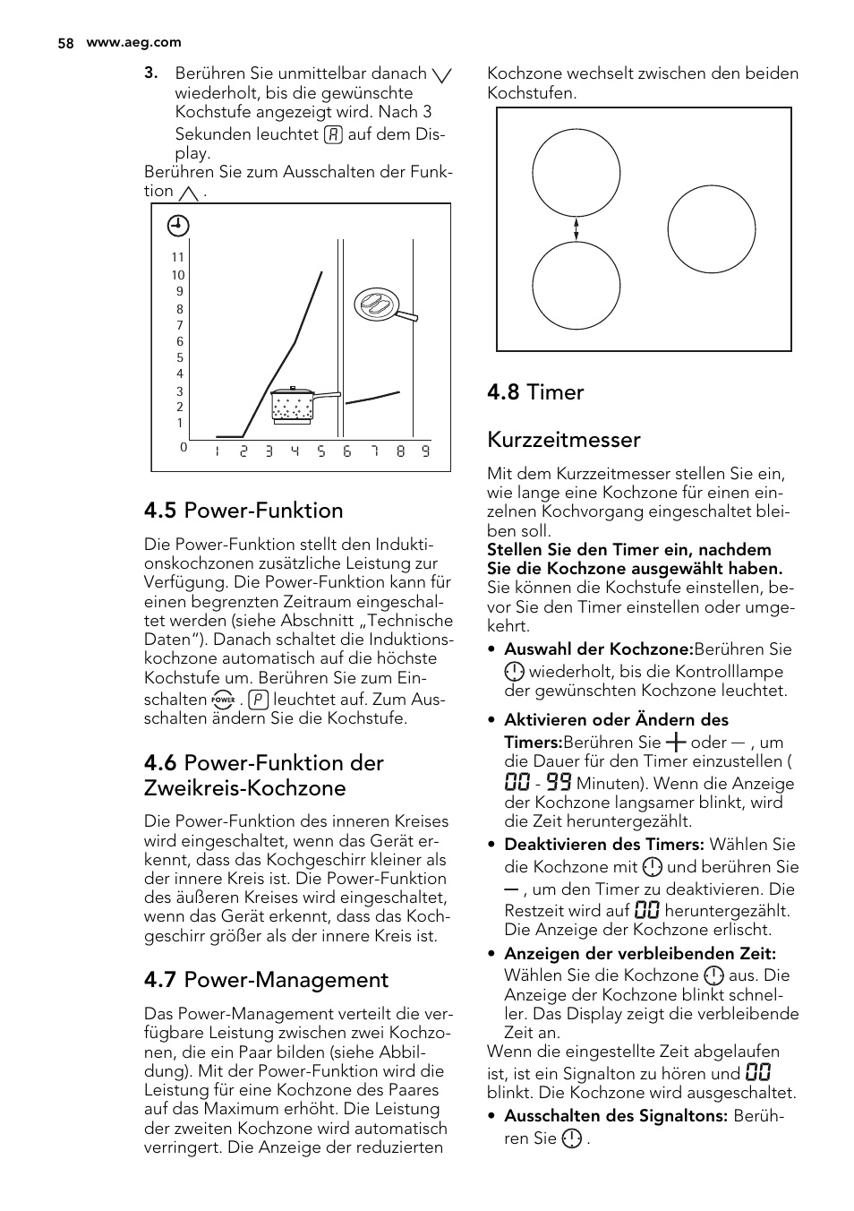 5 power-funktion, 6 power-funktion der zweikreis-kochzone, 7 power-management | 8 timer kurzzeitmesser | AEG HK673532FB User Manual | Page 58 / 68