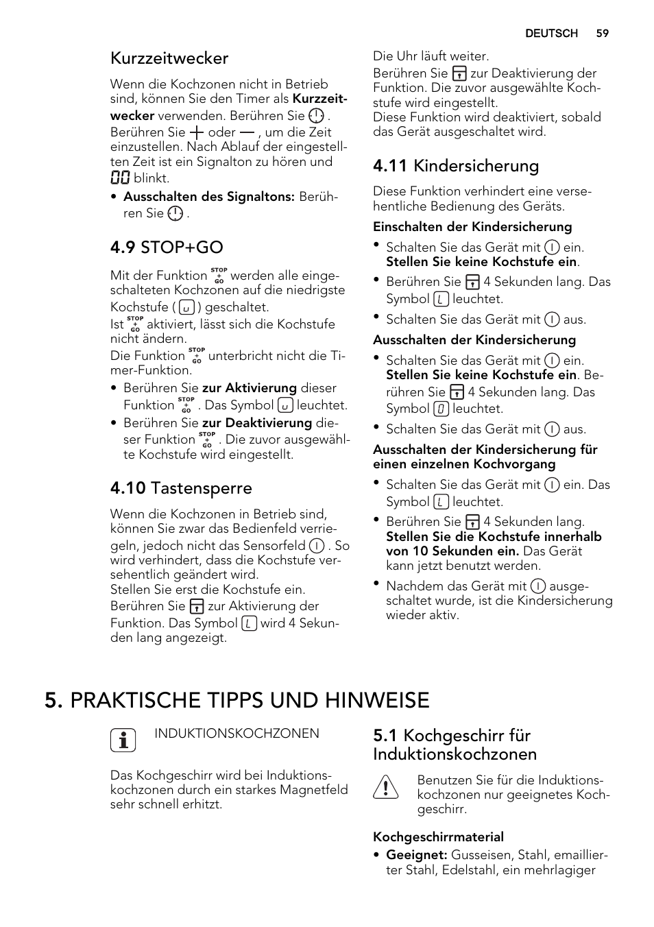 Praktische tipps und hinweise, Kurzzeitwecker, 9 stop+go | 10 tastensperre, 11 kindersicherung, 1 kochgeschirr für induktionskochzonen | AEG HK673532FB User Manual | Page 59 / 68