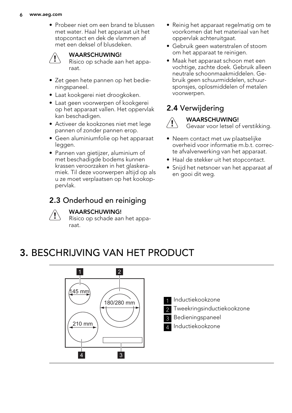 Beschrijving van het product, 3 onderhoud en reiniging, 4 verwijdering | AEG HK673532FB User Manual | Page 6 / 68