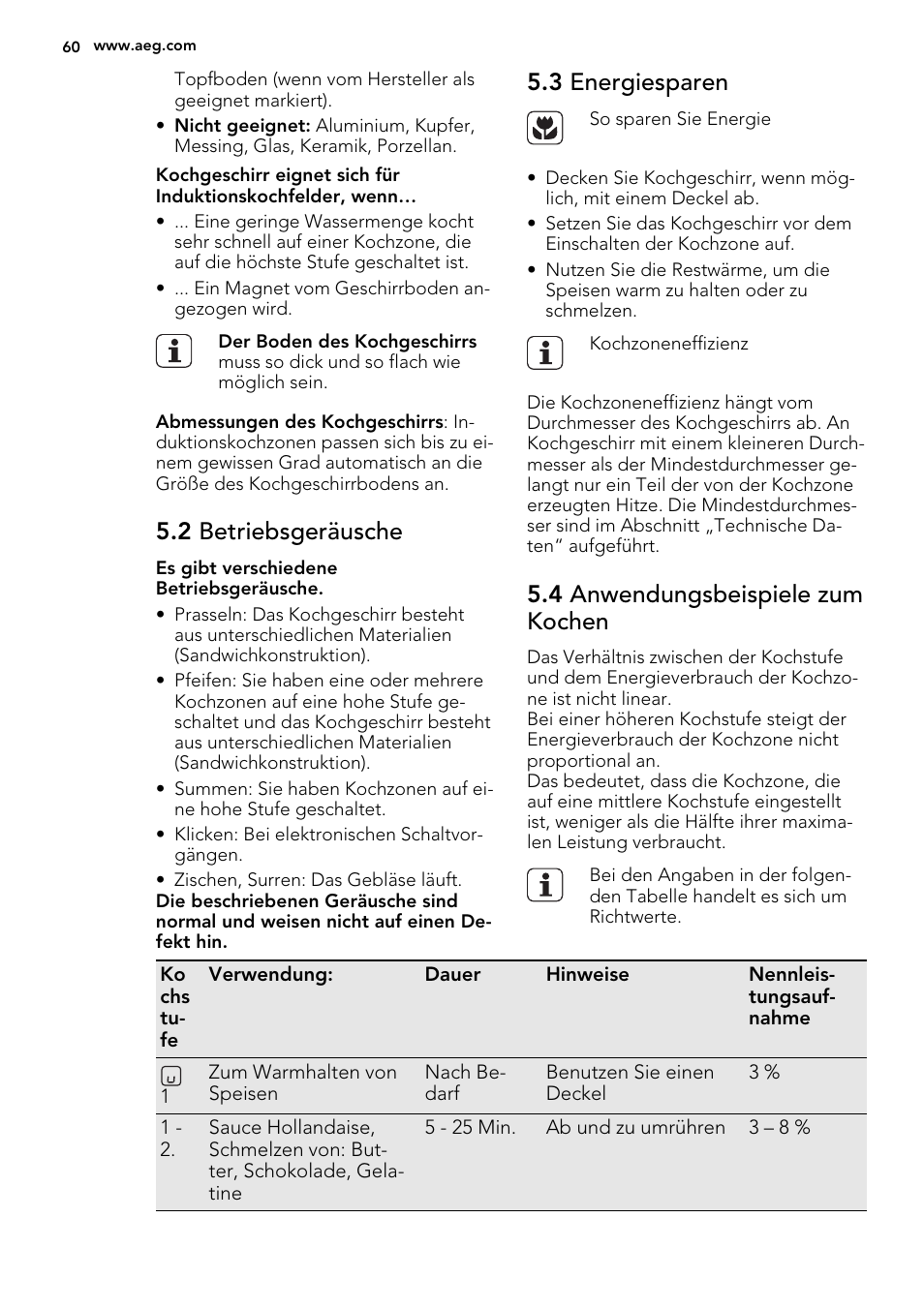 2 betriebsgeräusche, 3 energiesparen, 4 anwendungsbeispiele zum kochen | AEG HK673532FB User Manual | Page 60 / 68