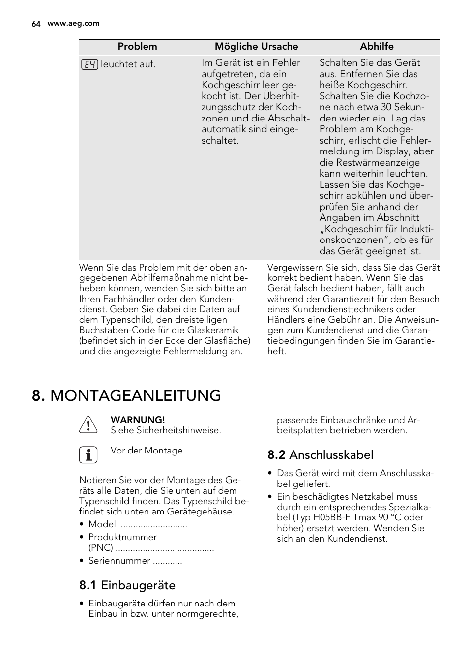 Montageanleitung, 1 einbaugeräte, 2 anschlusskabel | AEG HK673532FB User Manual | Page 64 / 68